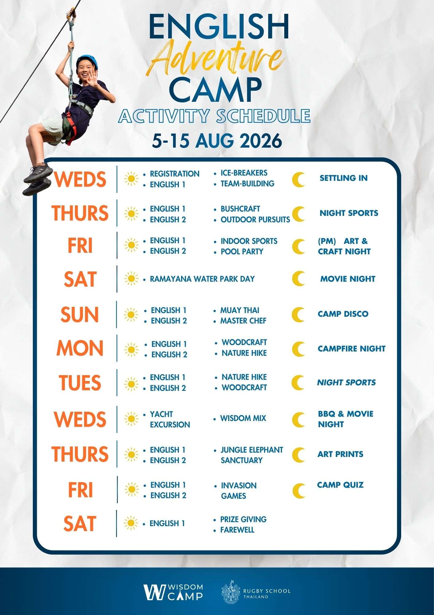 2026 English Adventure Camp Activity Schedule